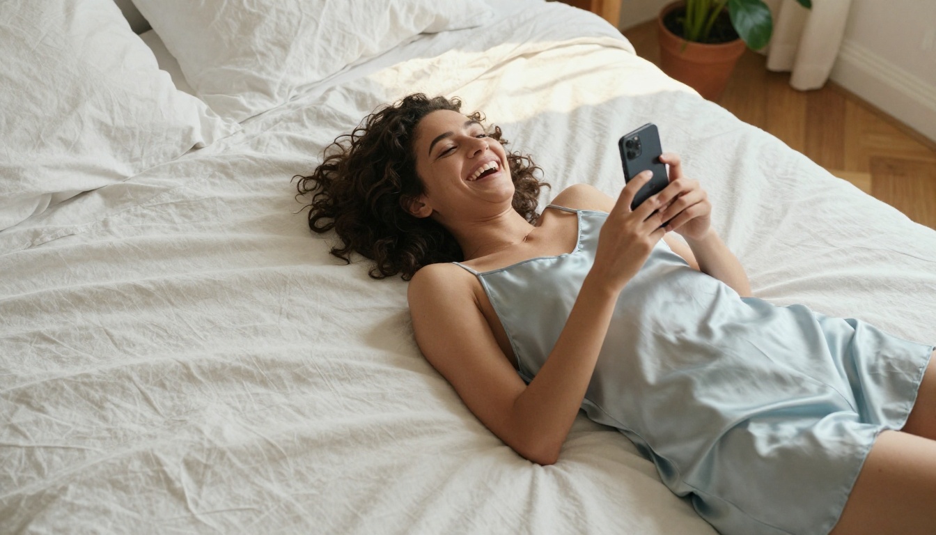 Woman lying in bed laughing at her phone