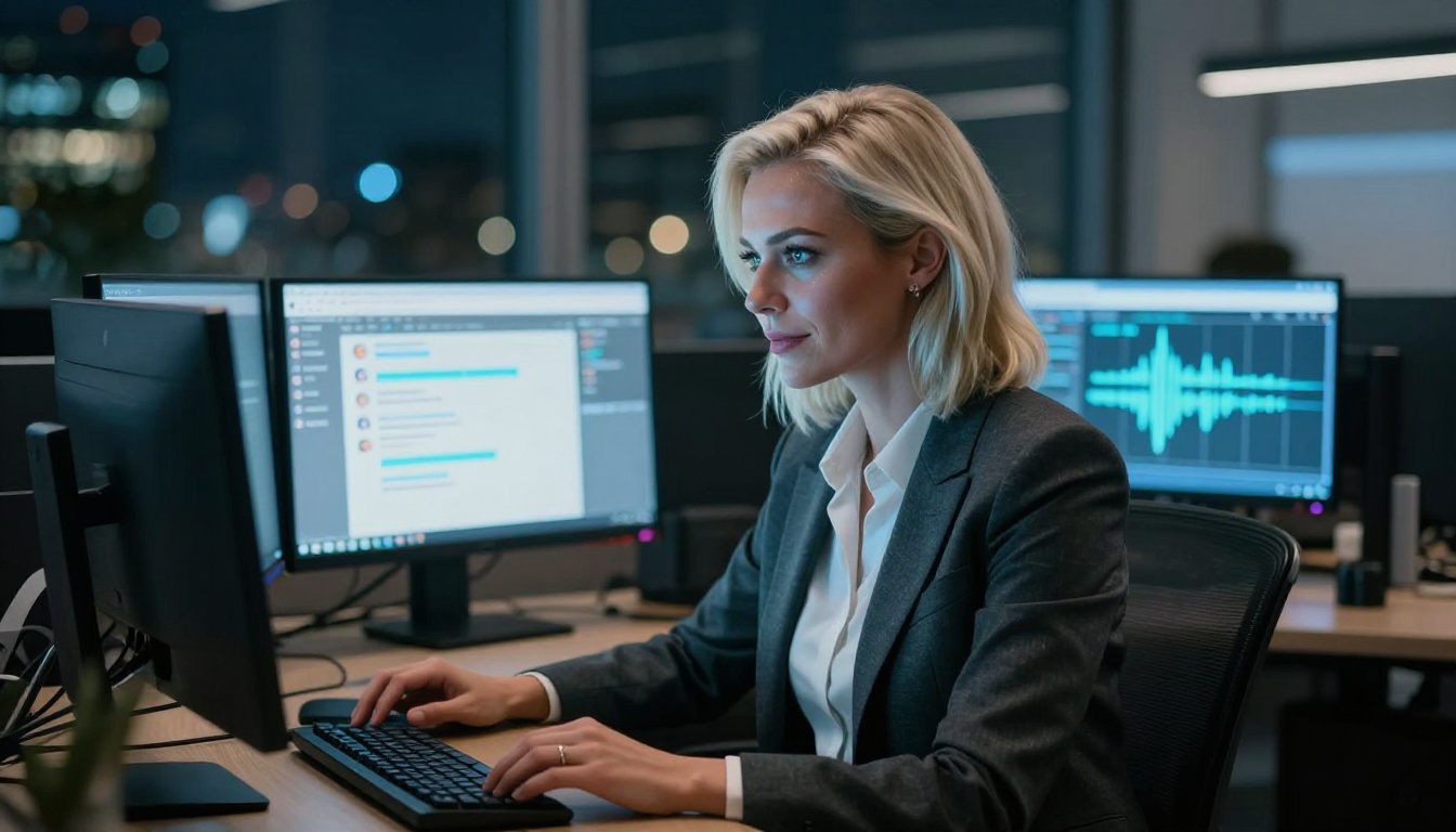 Blonde woman in tech workspace with glowing screens