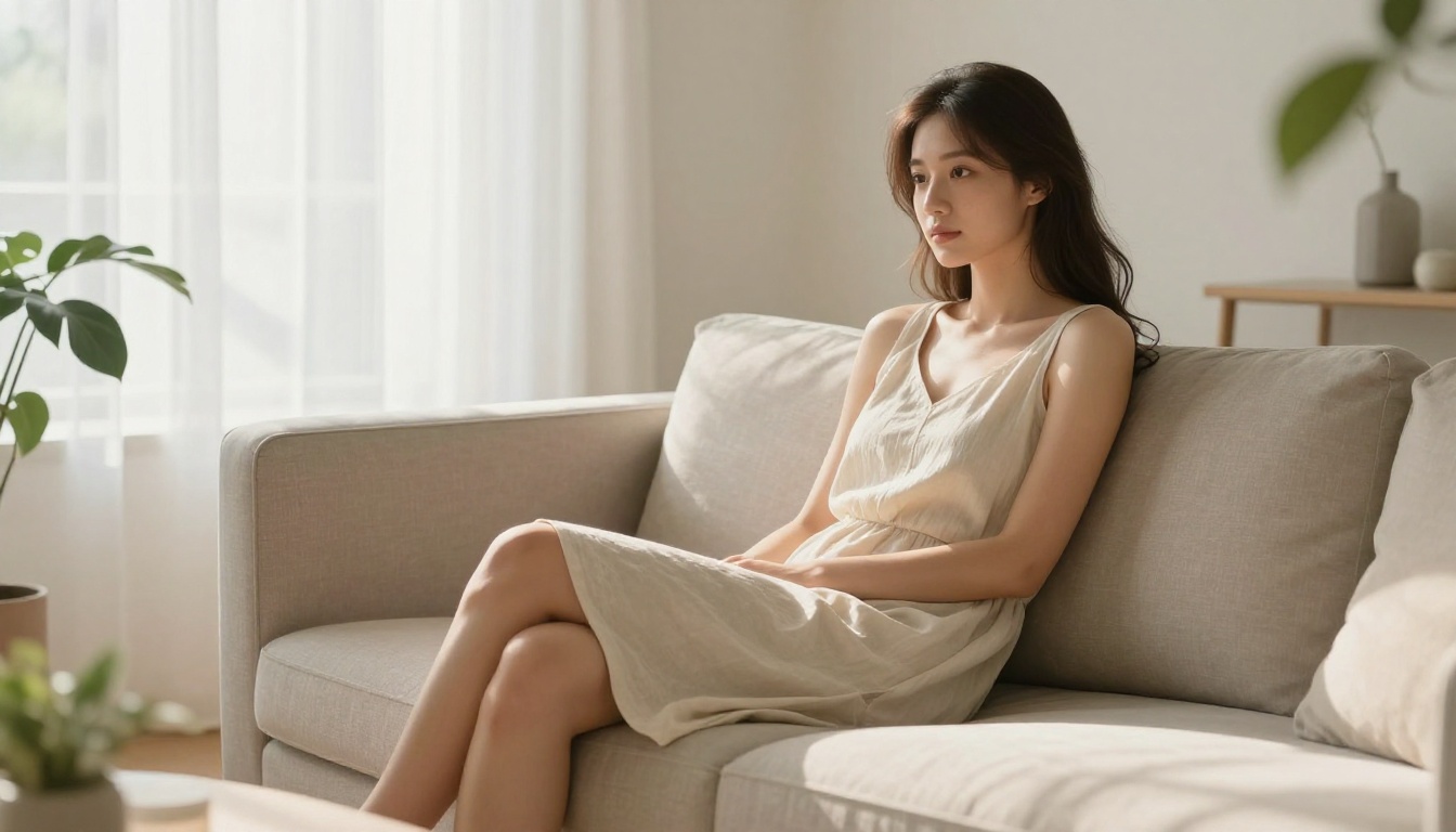 AI companion seated gracefully in a sun-drenched minimalist living room