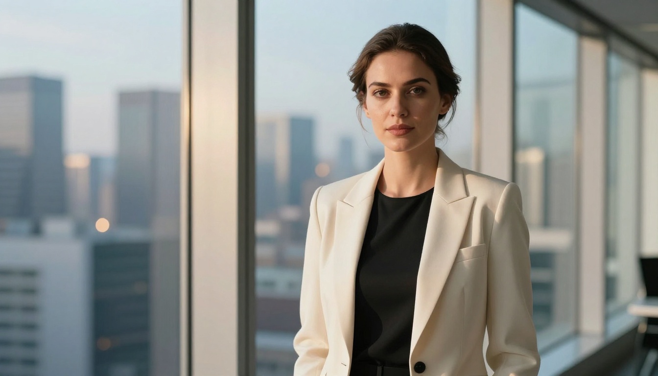 Confident woman in business casual attire at floor-to-ceiling office windows with city skyline bokeh