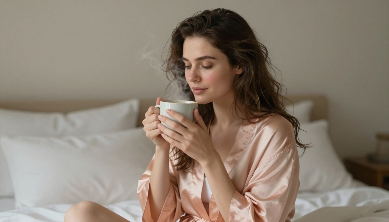 Intimate morning bedroom portrait of a beautiful woman with tousled hair holding a ceramic coffee mug