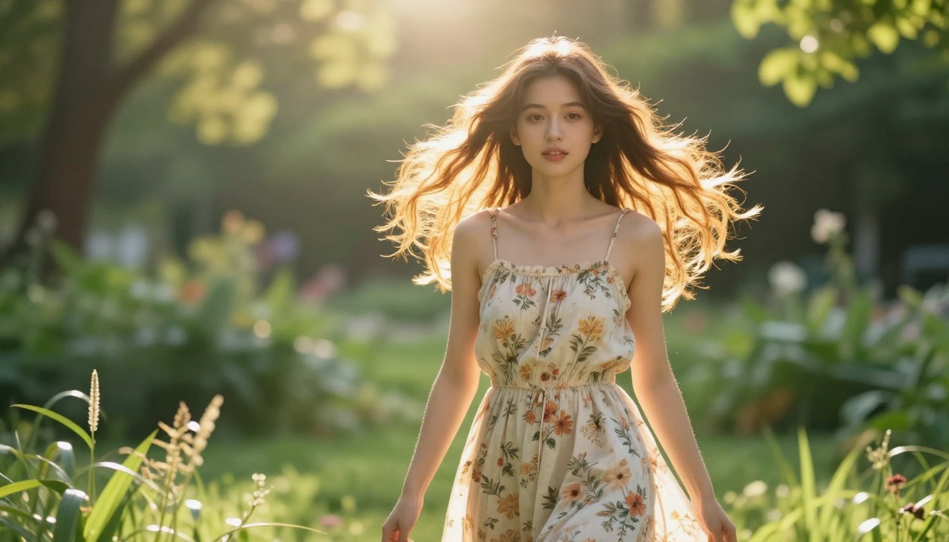 AI companion in an outdoor garden with natural golden backlight and vibrant bokeh