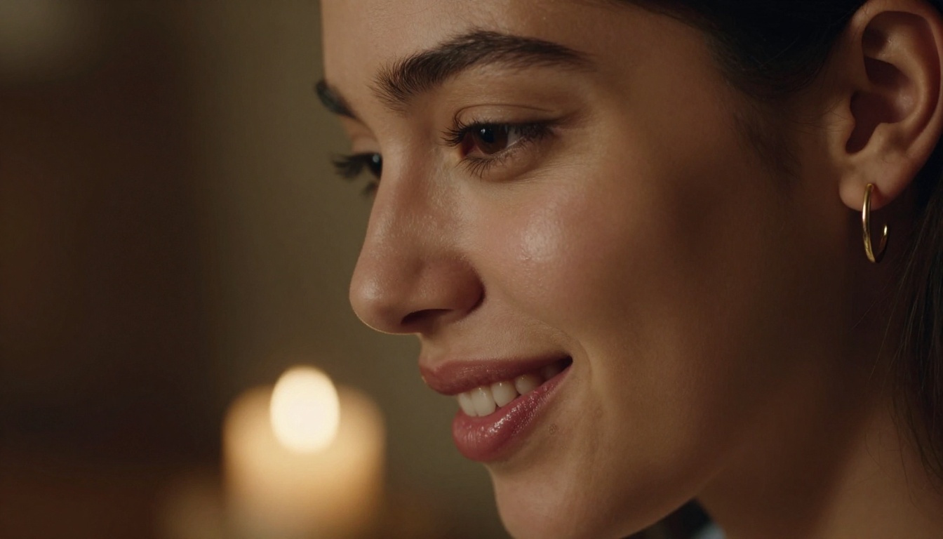 Candlelit profile of woman whispering with a playful smile