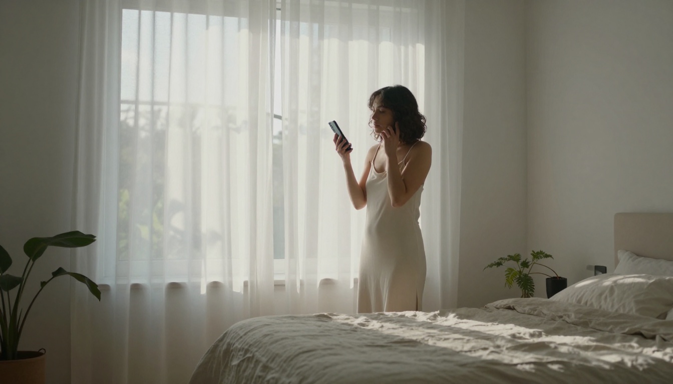 Woman in ivory slip dress holding phone by morning window