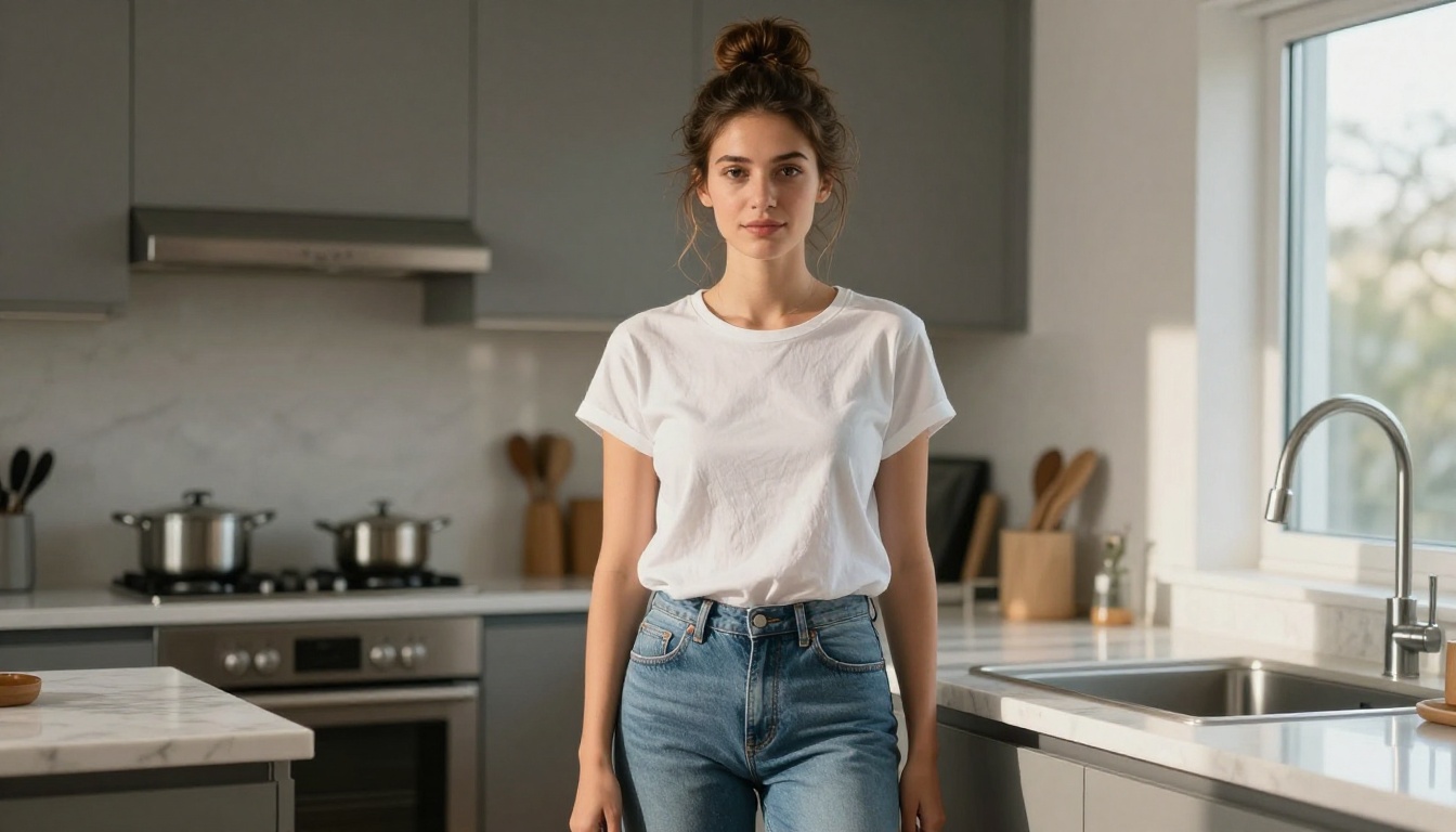 AI companion in a casual kitchen setting with warm directional morning light