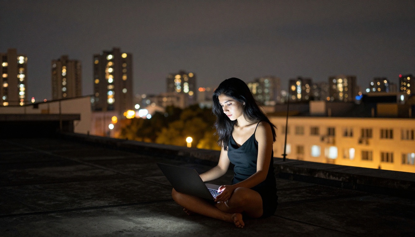 Woman on rooftop at night with open laptop and city skyline