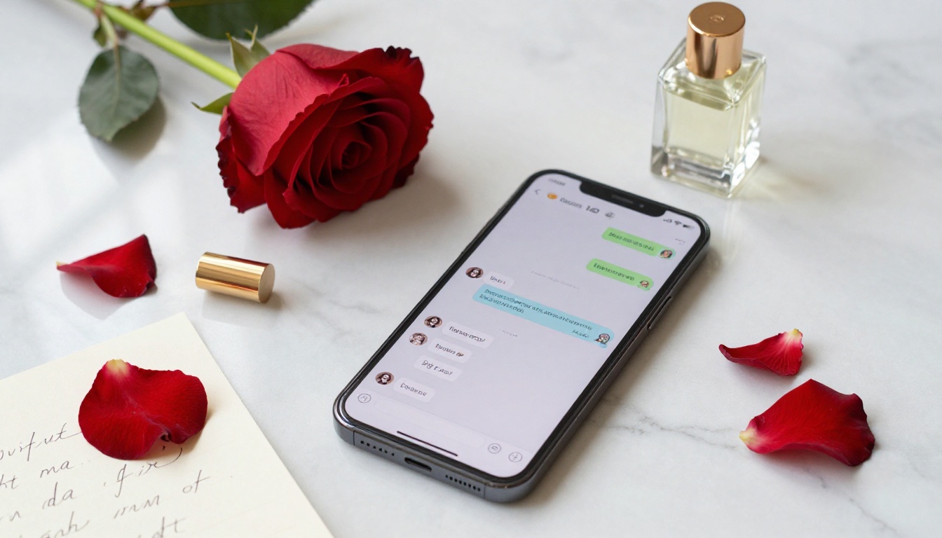 Flat lay with smartphone rose and perfume bottle on marble