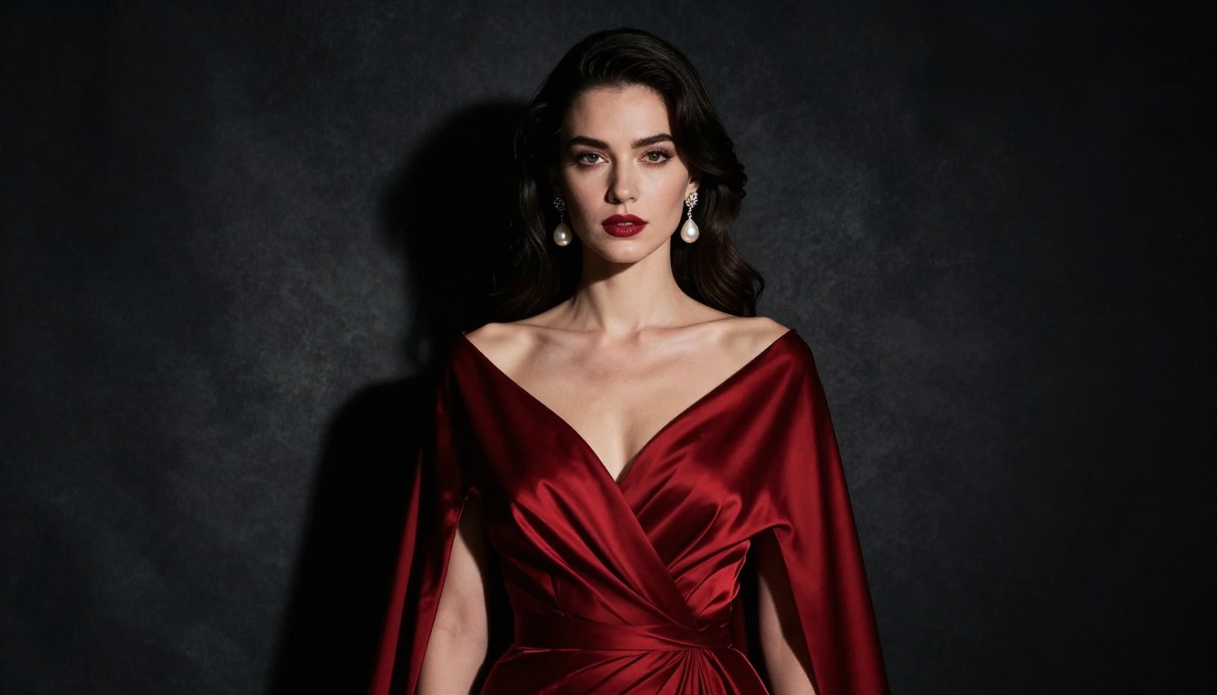 AI companion in a dramatic evening gown with chiaroscuro studio lighting