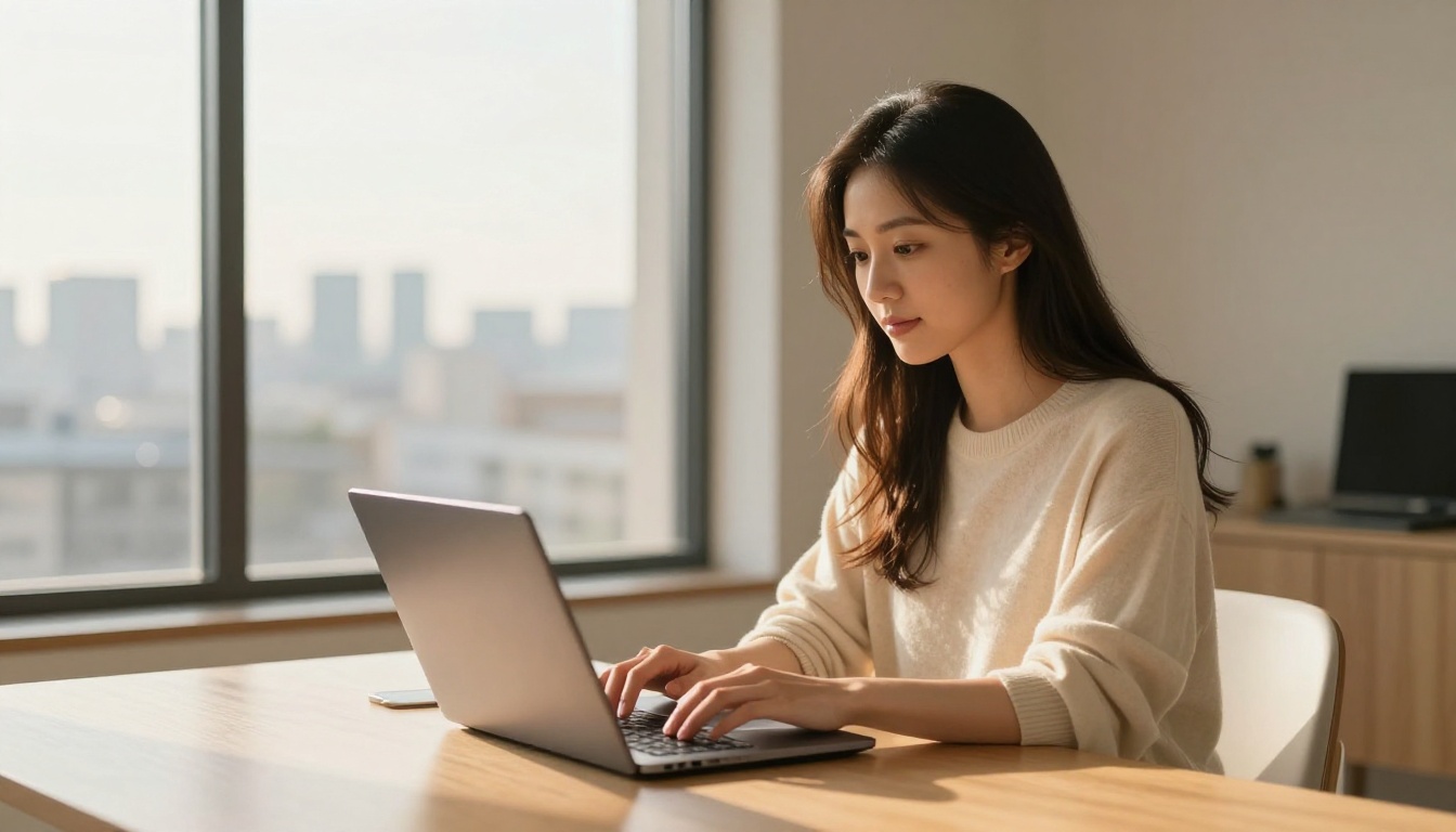 Young woman typing on a laptop in a bright minimalist apartment with a blurred city skyline in the background