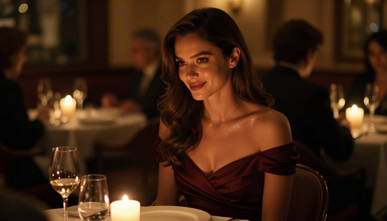 Elegant woman at a sophisticated candlelit restaurant in a deep burgundy off-shoulder dress