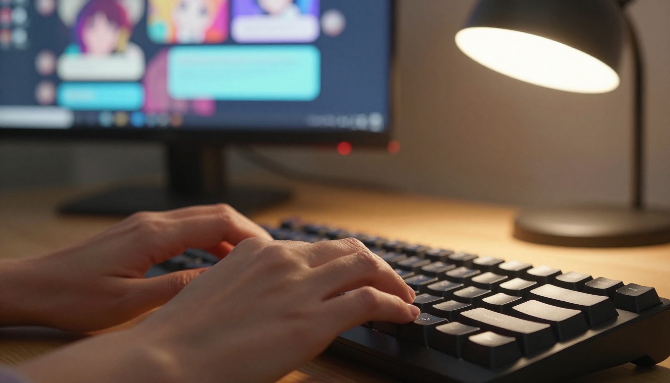 Close-up of hands typing on a mechanical keyboard with a chat interface visible on the screen behind