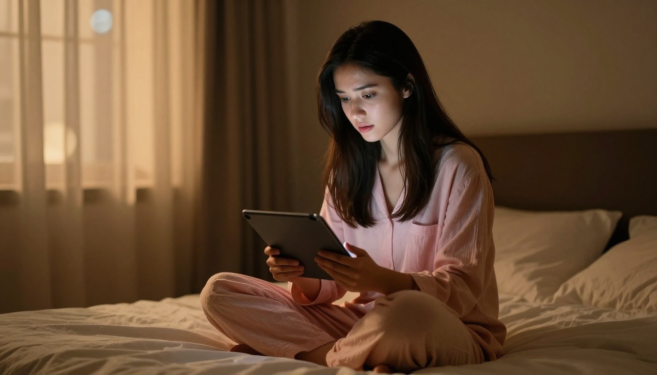 Woman in comfortable clothing reading from a glowing tablet in a dimly lit bedroom