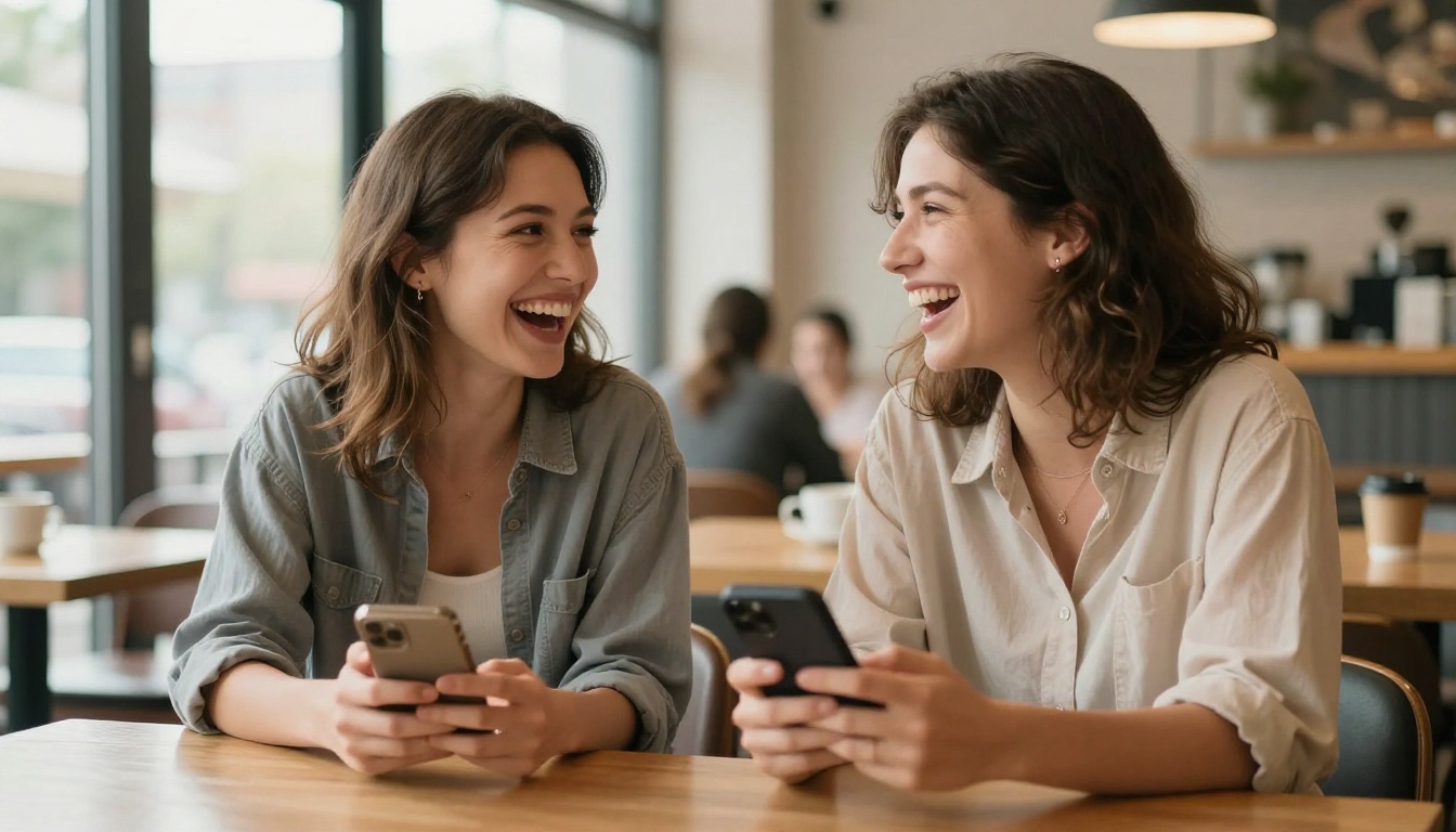 Two people sharing a phone screen in a cafe, laughing with genuine warmth