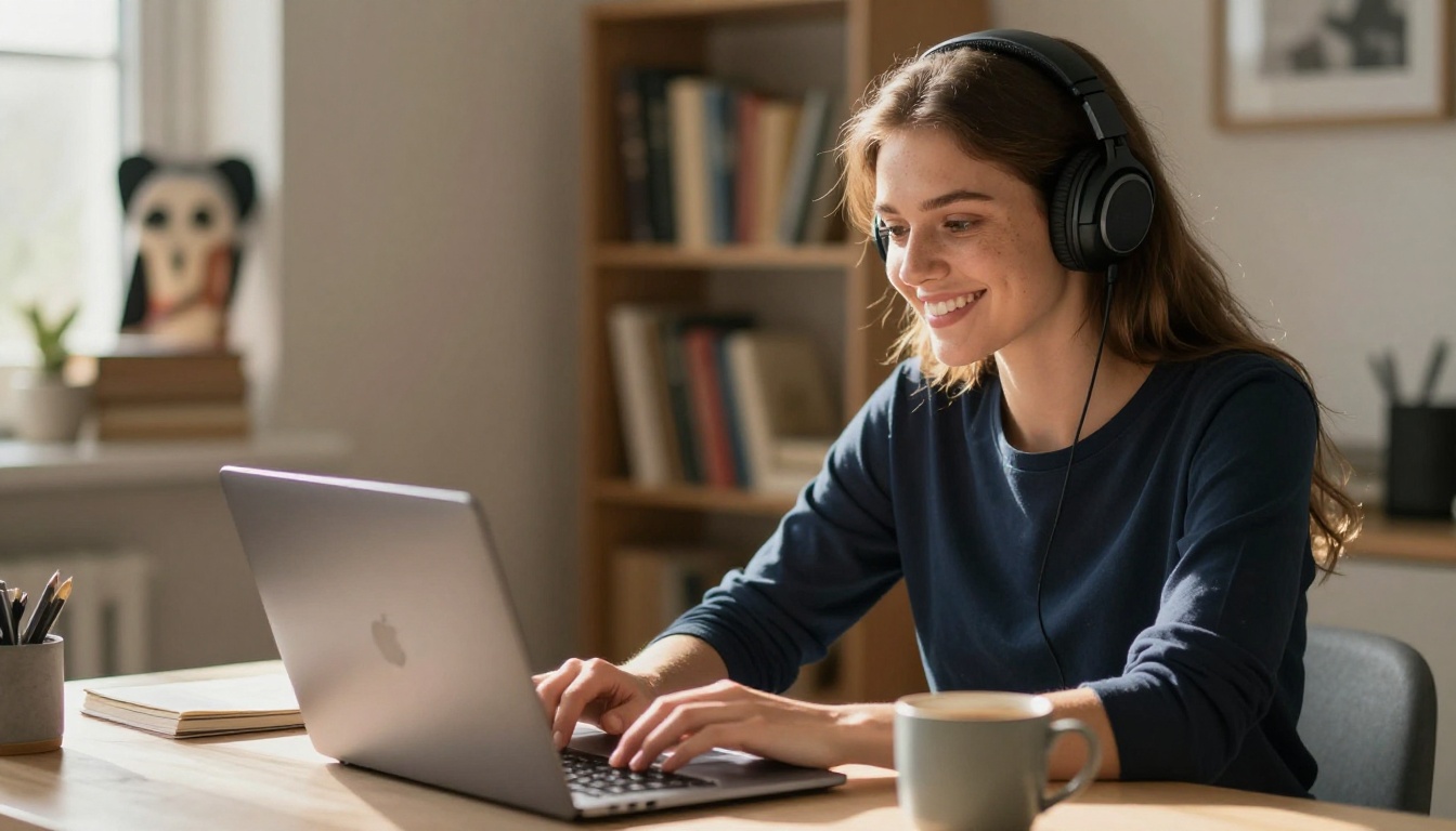 Woman focused on laptop at a sunlit desk with headphones, warm morning light through the window behind her