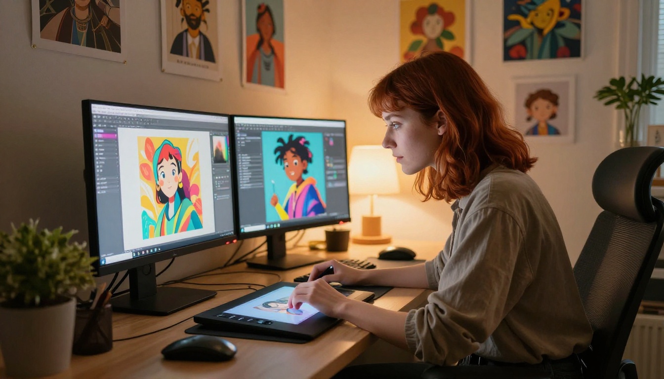 Woman at a dual-monitor setup with AI-generated artwork visible on screens, warm desk lamp lighting