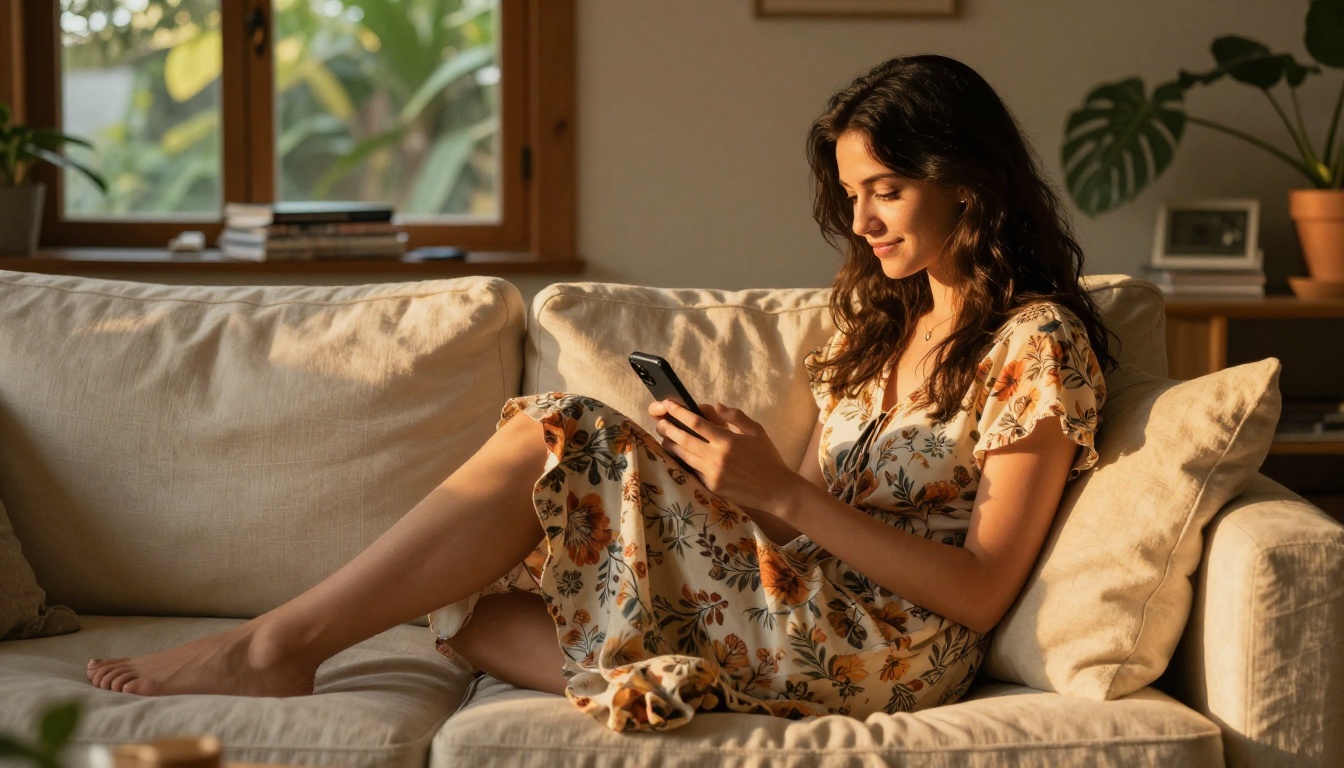 Young woman on a cream sofa bathed in golden hour sunlight, smiling while reading her phone