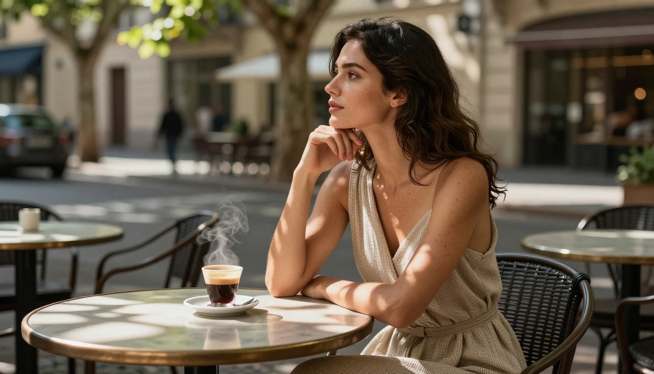 Outdoor cafe portrait demonstrating natural light rendering and authentic lifestyle aesthetics Outdoor cafe portrait demonstrating natural light rendering and authentic lifestyle aesthetics