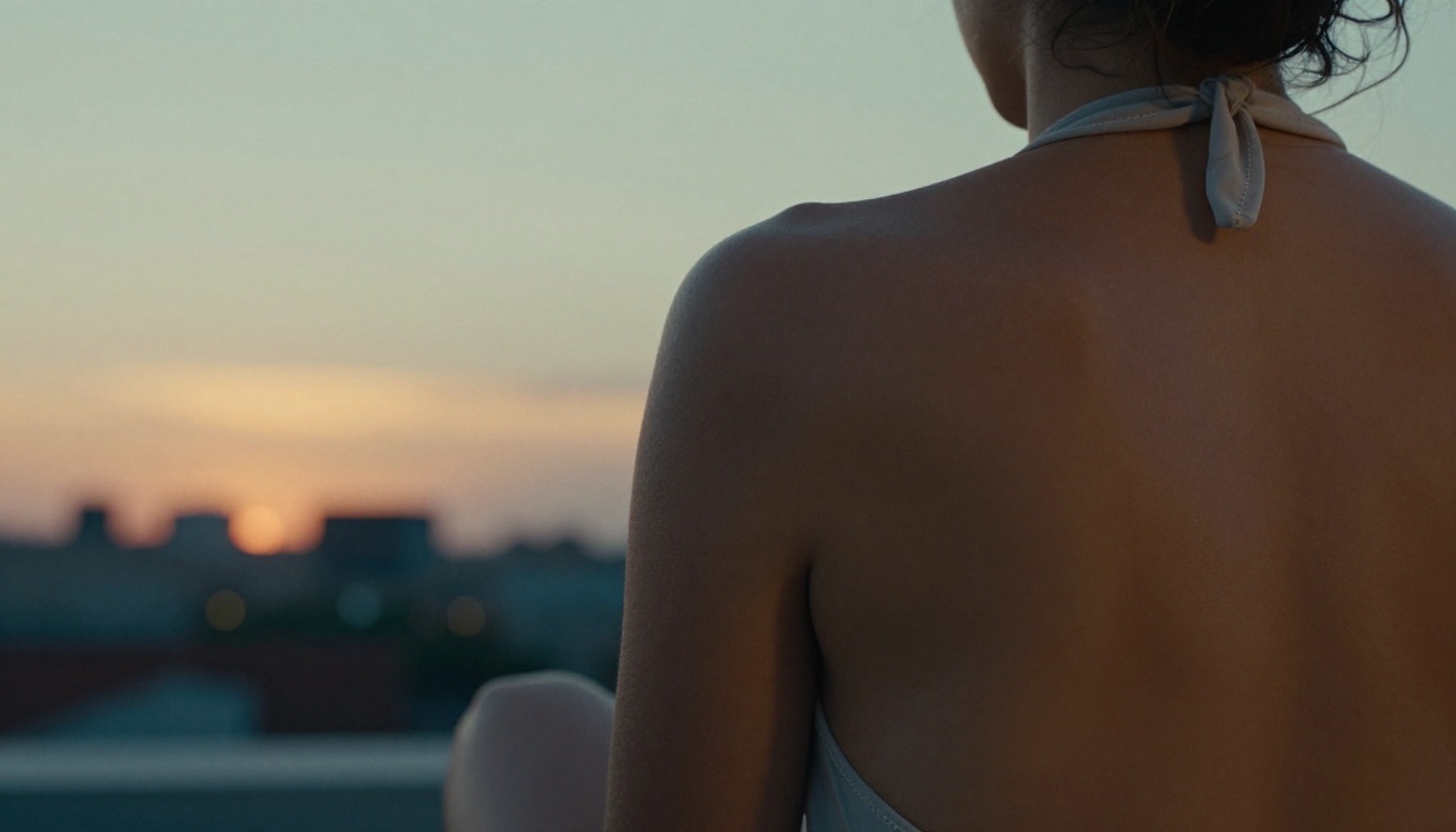 Backlit rooftop portrait at dusk showing warm ambient light and city skyline depth of field Backlit rooftop portrait at dusk showing warm ambient light and city skyline depth of field