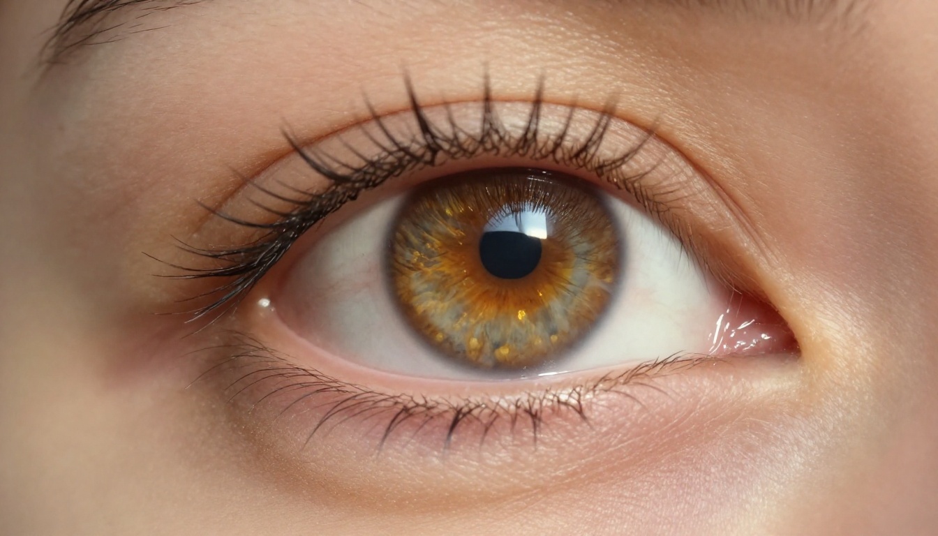 Close-up of a woman's hazel eye with razor-sharp lashes and catchlights reflected in the iris