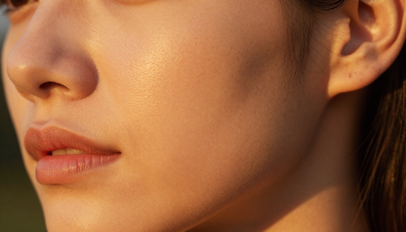 Close-up of a woman's cheek showing natural pores, subsurface scattering, and warm golden light