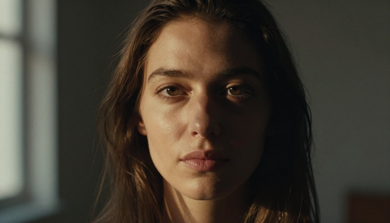 Portrait of a woman's face split by dramatic Rembrandt lighting, one side illuminated, one in shadow