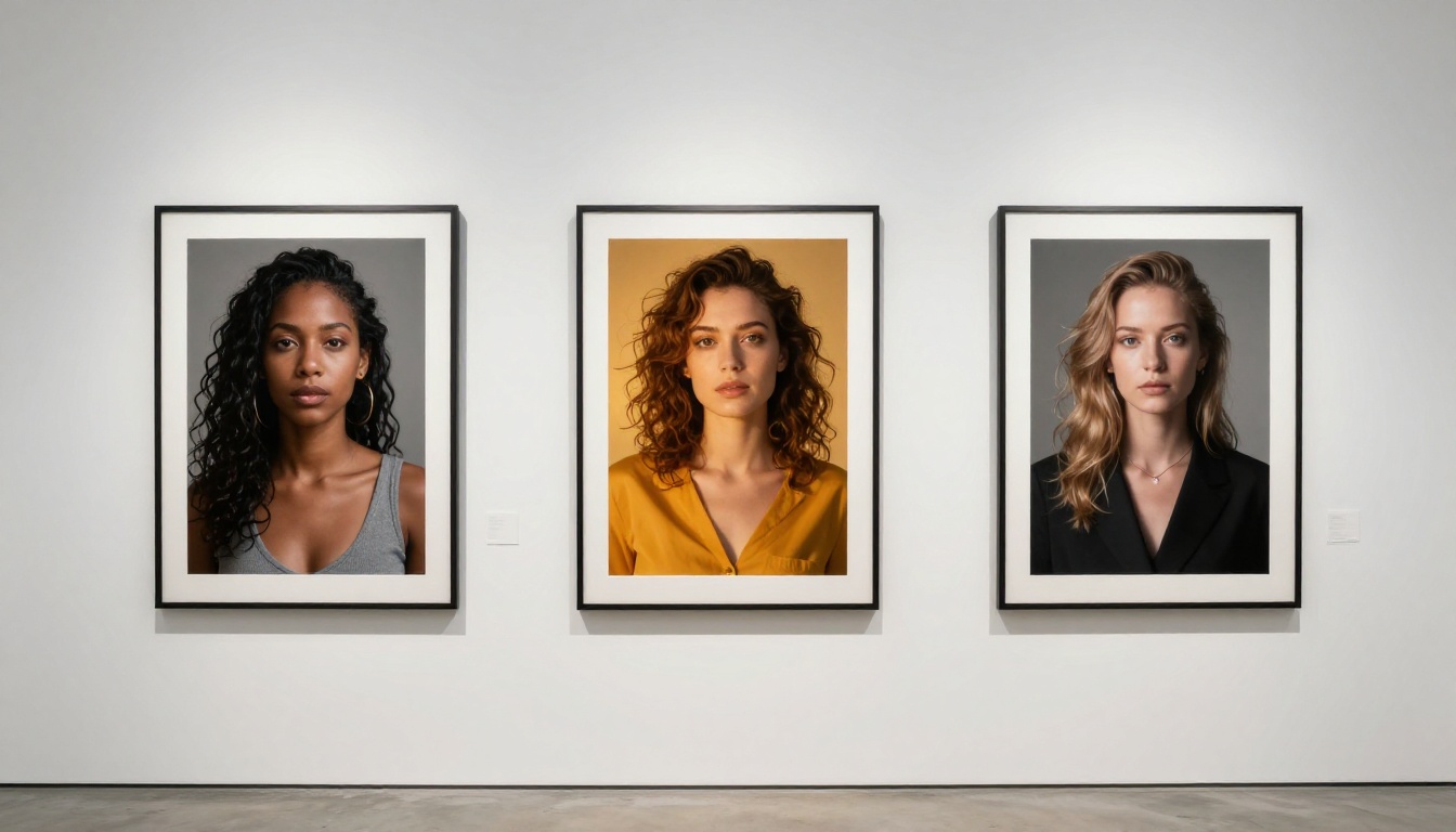 Three framed portrait photographs in a white gallery showing different women, ethnicities, and lighting