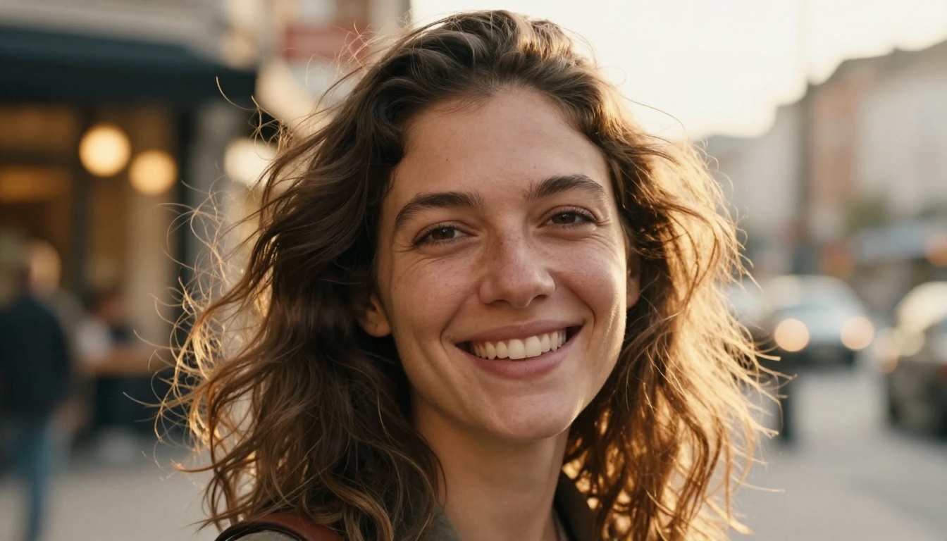 Candid portrait of a woman with natural asymmetric features, beauty marks, and a genuine smile