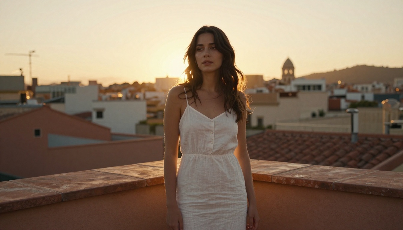 Woman on a Barcelona rooftop terrace at golden hour with backlit hair and warm sunset skyline
