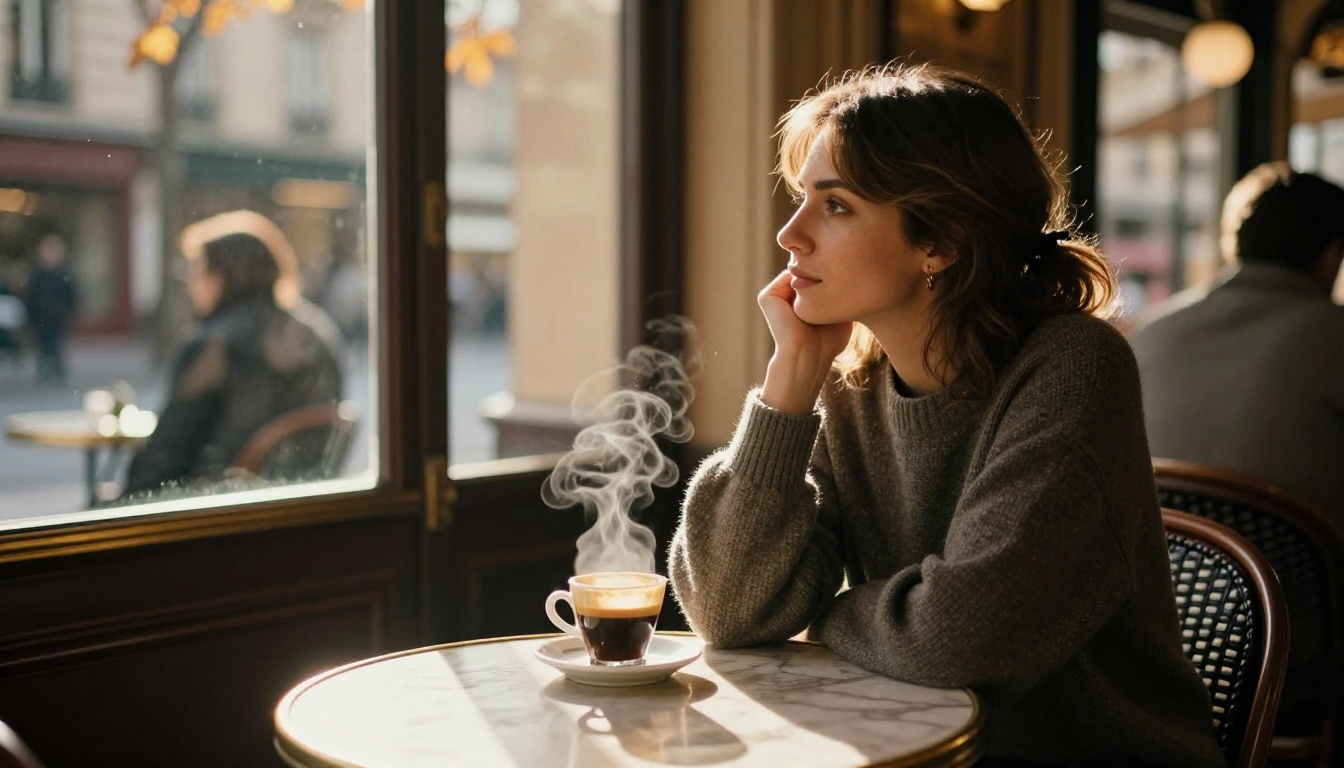 Woman at a Paris café with autumn light, steaming espresso, and warm amber bokeh background
