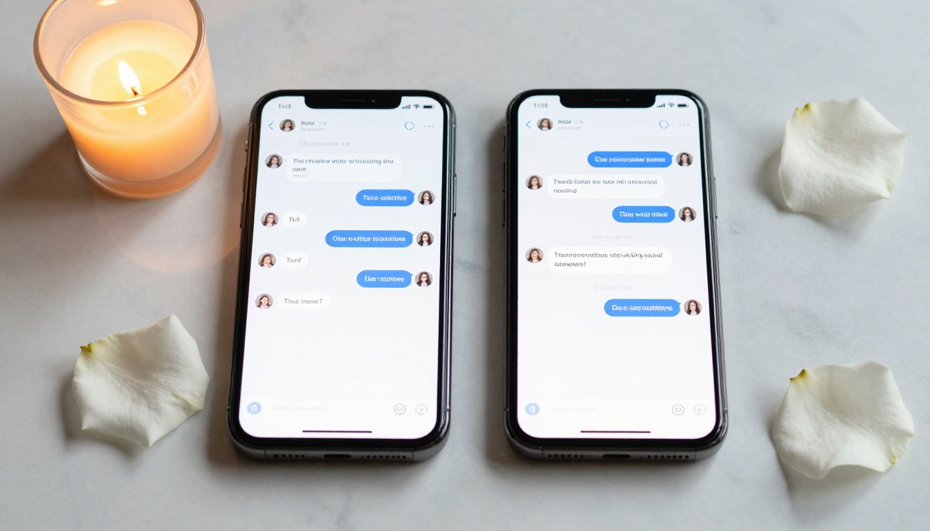 Two smartphones side by side on marble surface showing chat interfaces