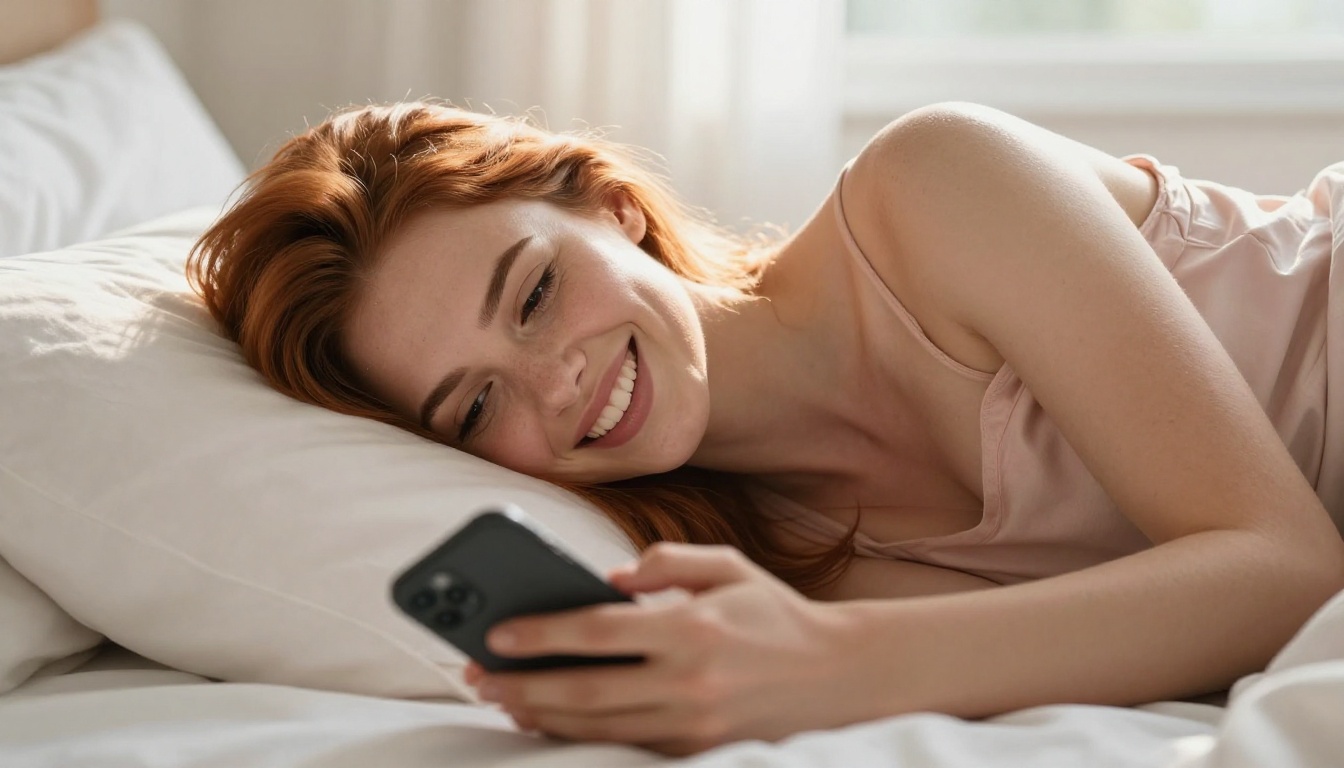 Beautiful woman with auburn hair laughing at phone on white linen bed