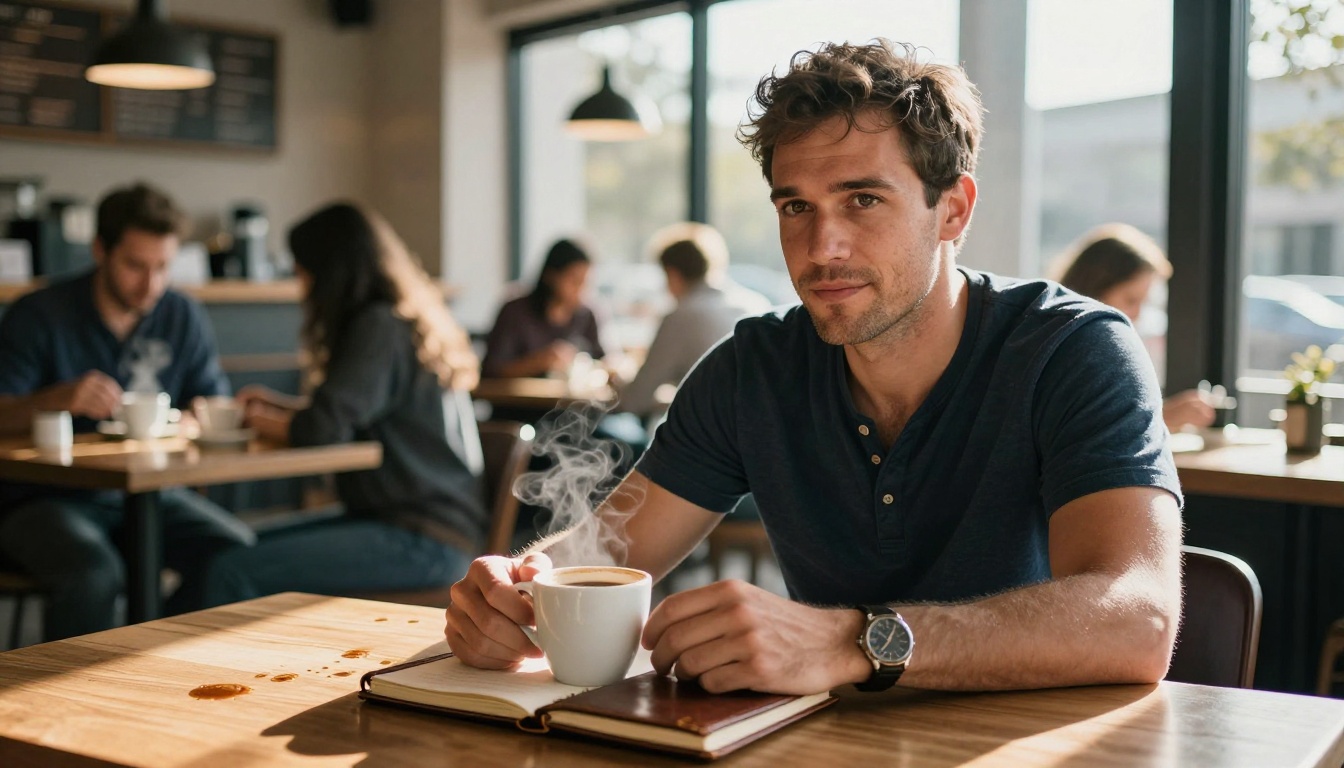 Man sitting at a warm coffee shop, holding a mug and reading messages Man sitting at a warm coffee shop, holding a mug and reading messages