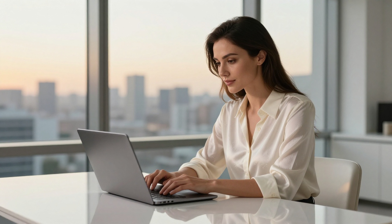 Elegant woman typing on laptop at white desk with city skyline
