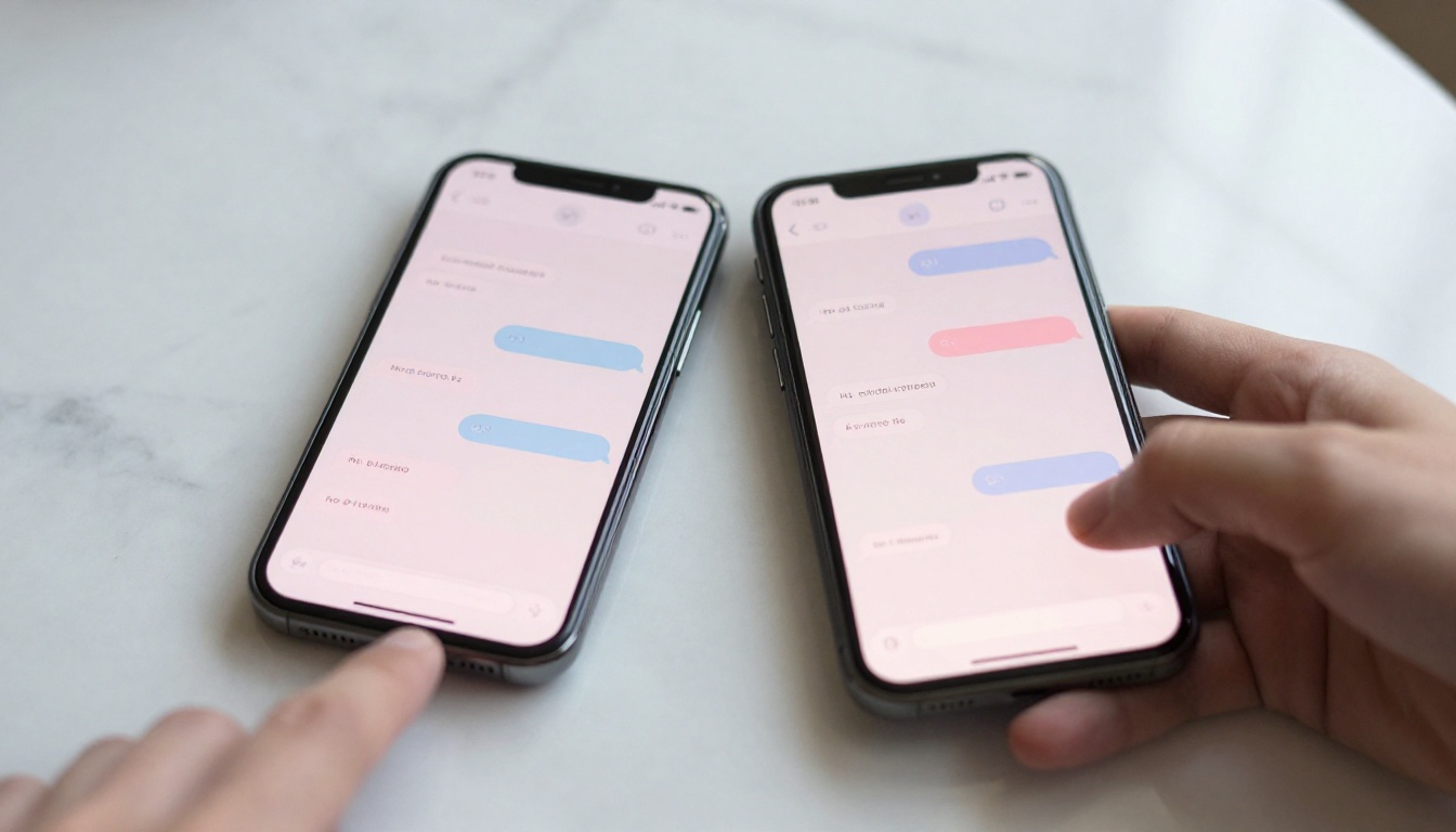 Two smartphones showing chat interfaces side by side on marble surface