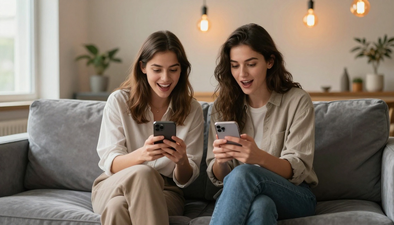 Two stylish women on grey velvet sofa comparing phones
