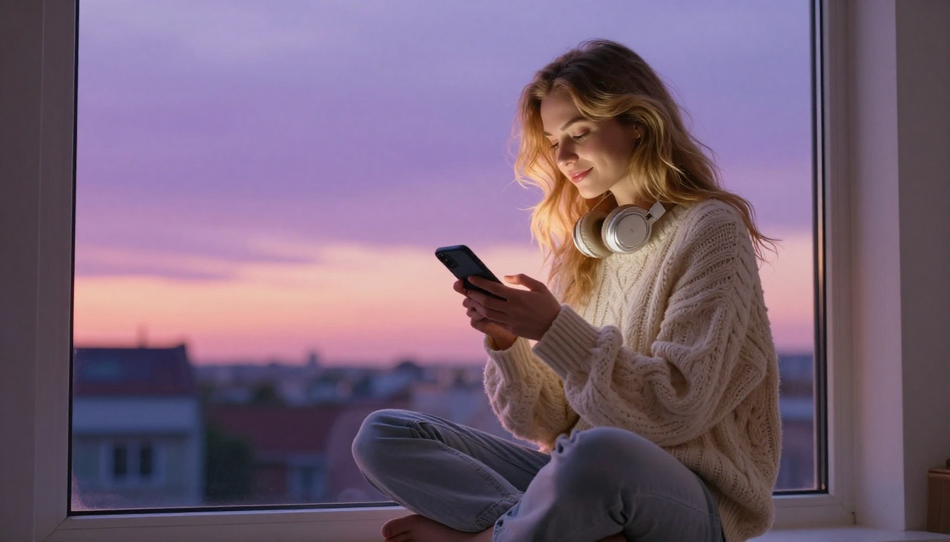Woman with blonde hair sitting at window seat at dusk with headphones