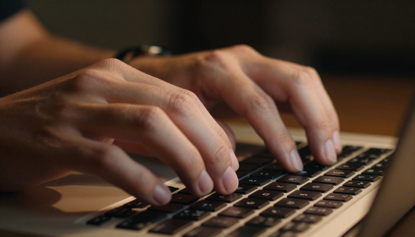 Close-up of hands typing on keyboard with warm screen glow