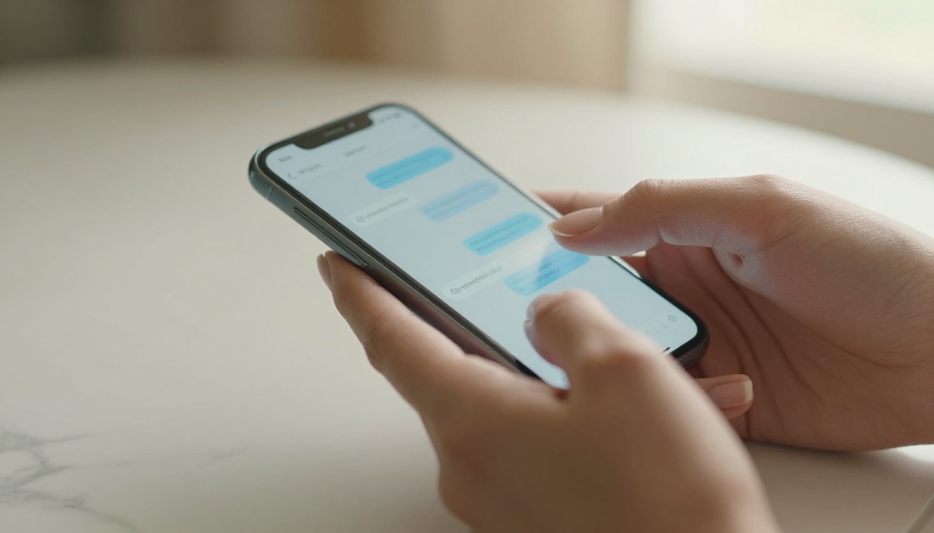 Elegant hands with manicured nails holding phone with chat bubbles