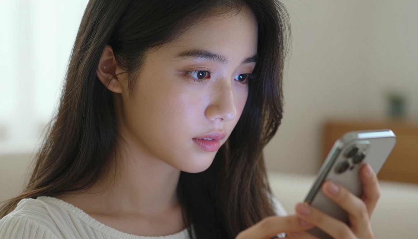 Woman profile lit by phone screen, reading AI conversation
