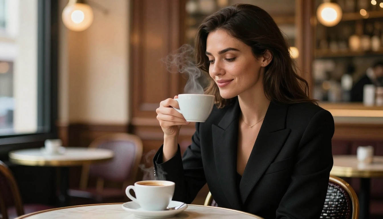Confident woman in black blazer at café sipping espresso