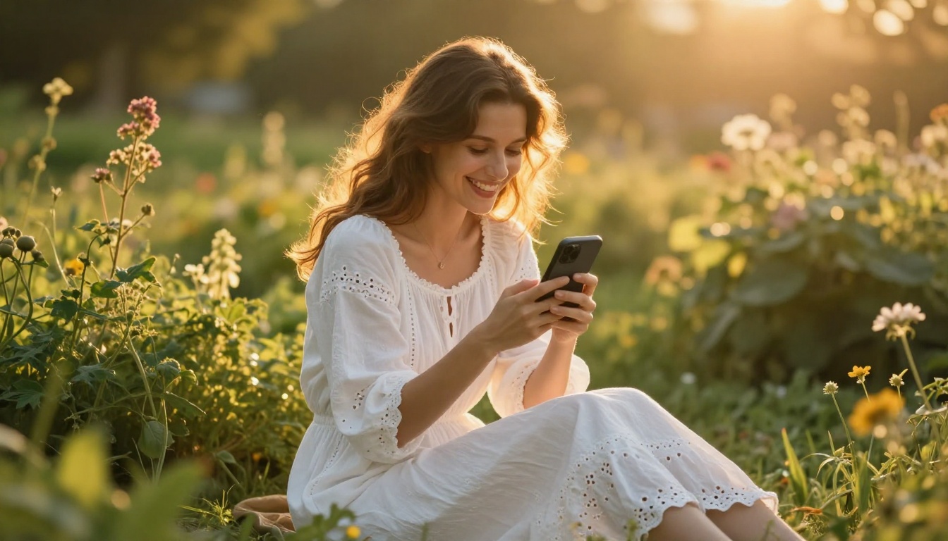 Woman in white cotton sundress in golden garden holding phone