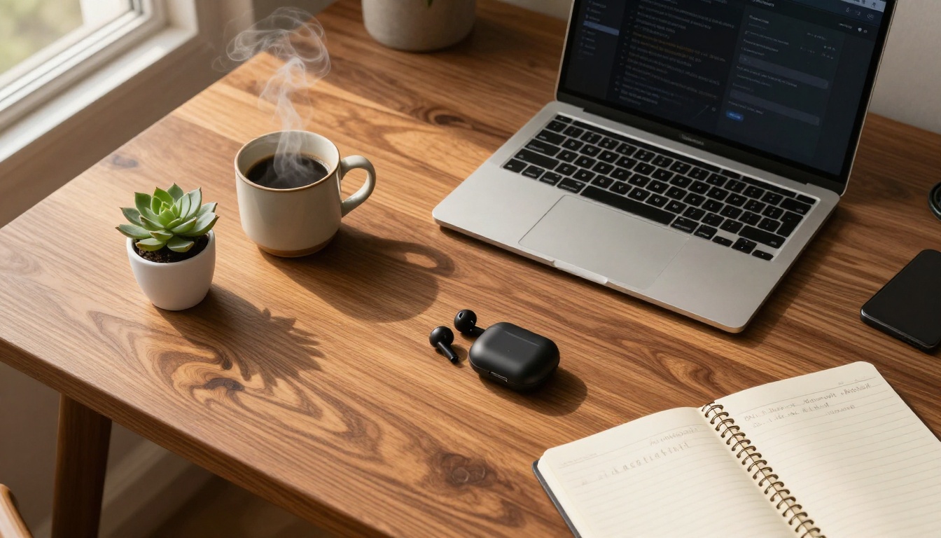 Flat lay aerial desk workspace with laptop and chat interface