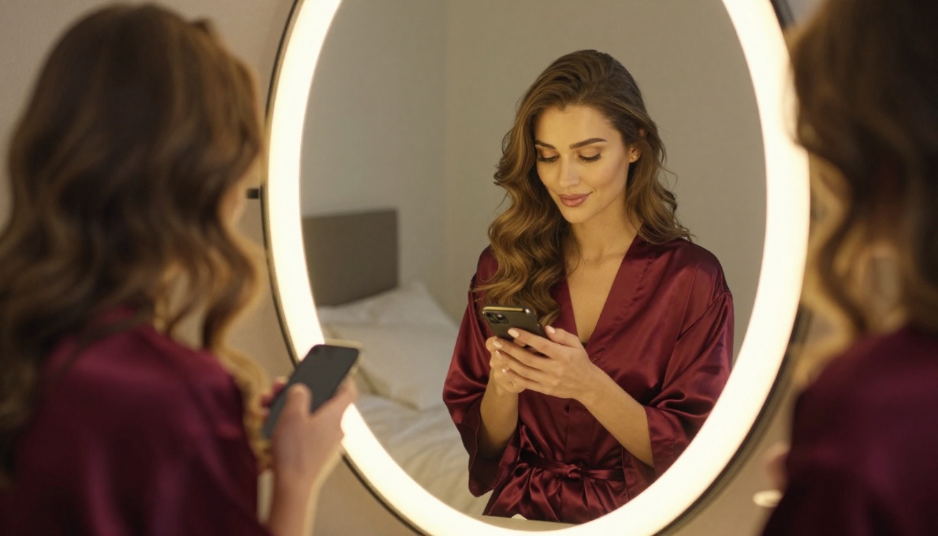 Glamorous woman in satin robe at vanity mirror looking at smartphone