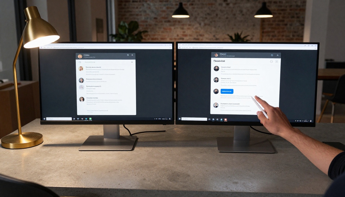Chat app comparison on monitor with person pointing at screen
