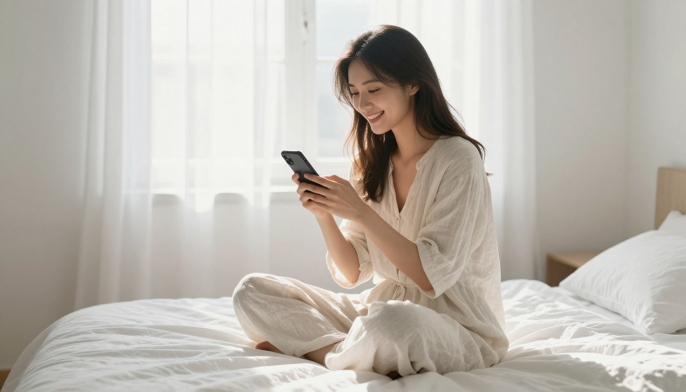 Woman smiling at phone in morning light on white bedding