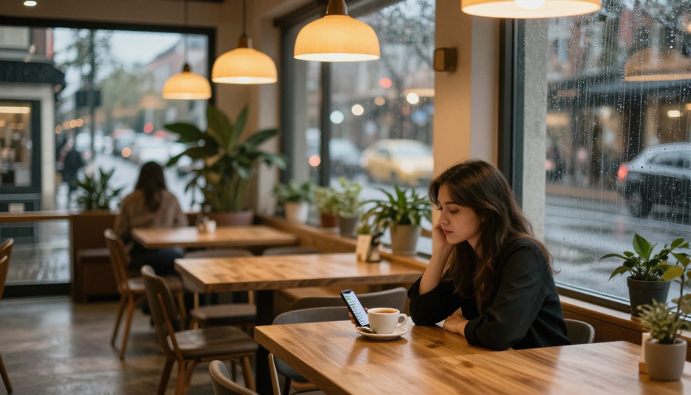 Woman alone at cafe table at twilight with phone and coffee