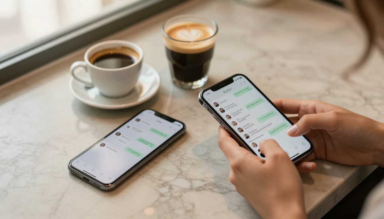 Two smartphones on marble counter beside an espresso cup Two smartphones on marble counter beside an espresso cup