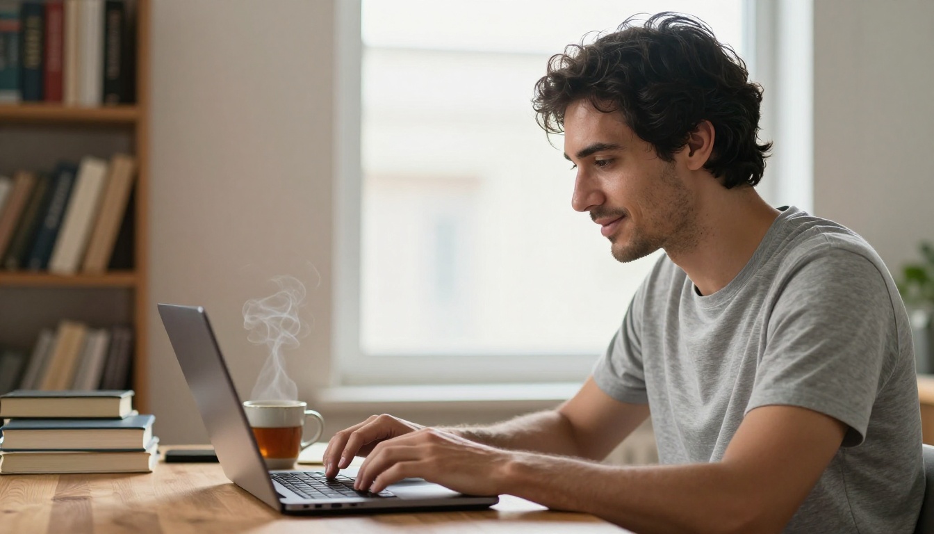 Man with dark wavy hair at a wooden desk, natural side-lighting, warm profile expression Man with dark wavy hair at a wooden desk, natural side-lighting, warm profile expression