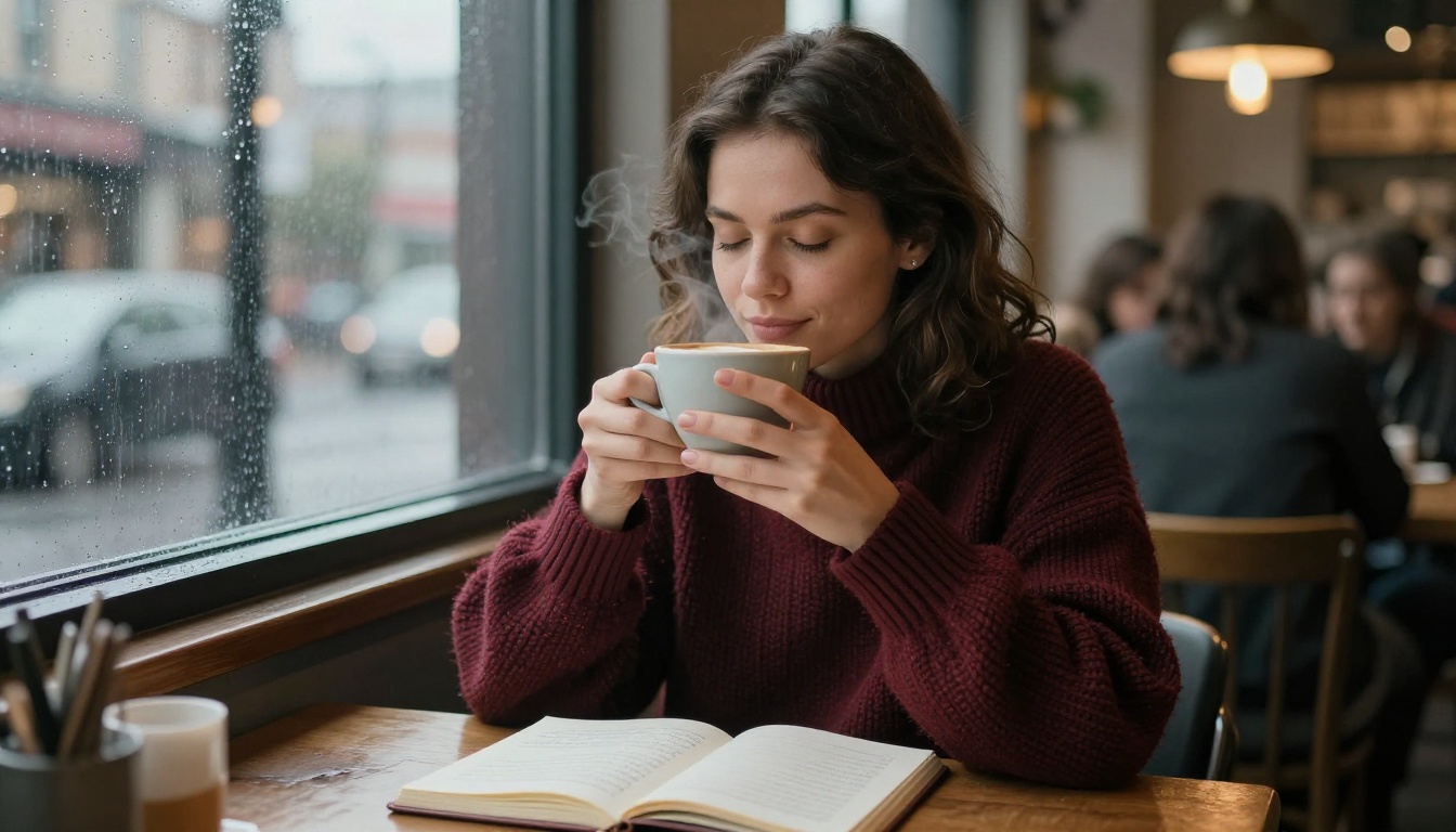 Woman in a cozy cafe booth with a latte, rain on the window behind her Woman in a cozy cafe booth with a latte, rain on the window behind her