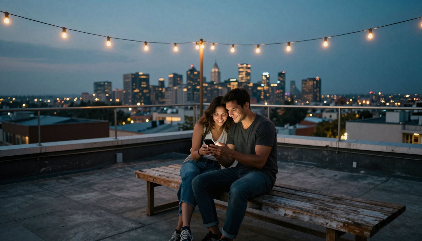 Couple on a rooftop terrace at dusk, city skyline behind them, string lights above Couple on a rooftop terrace at dusk, city skyline behind them, string lights above